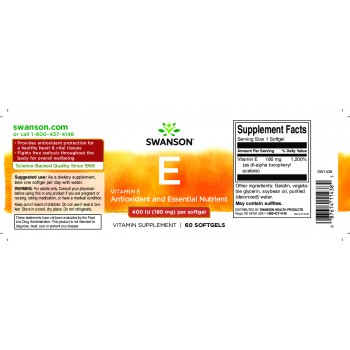 E- Vitamiin (60geelkaps/60päeva) Swanson USA