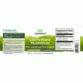 Lõvilakk / Lion's Mane Mushroom (60kaps/2kuud) Swanson USA